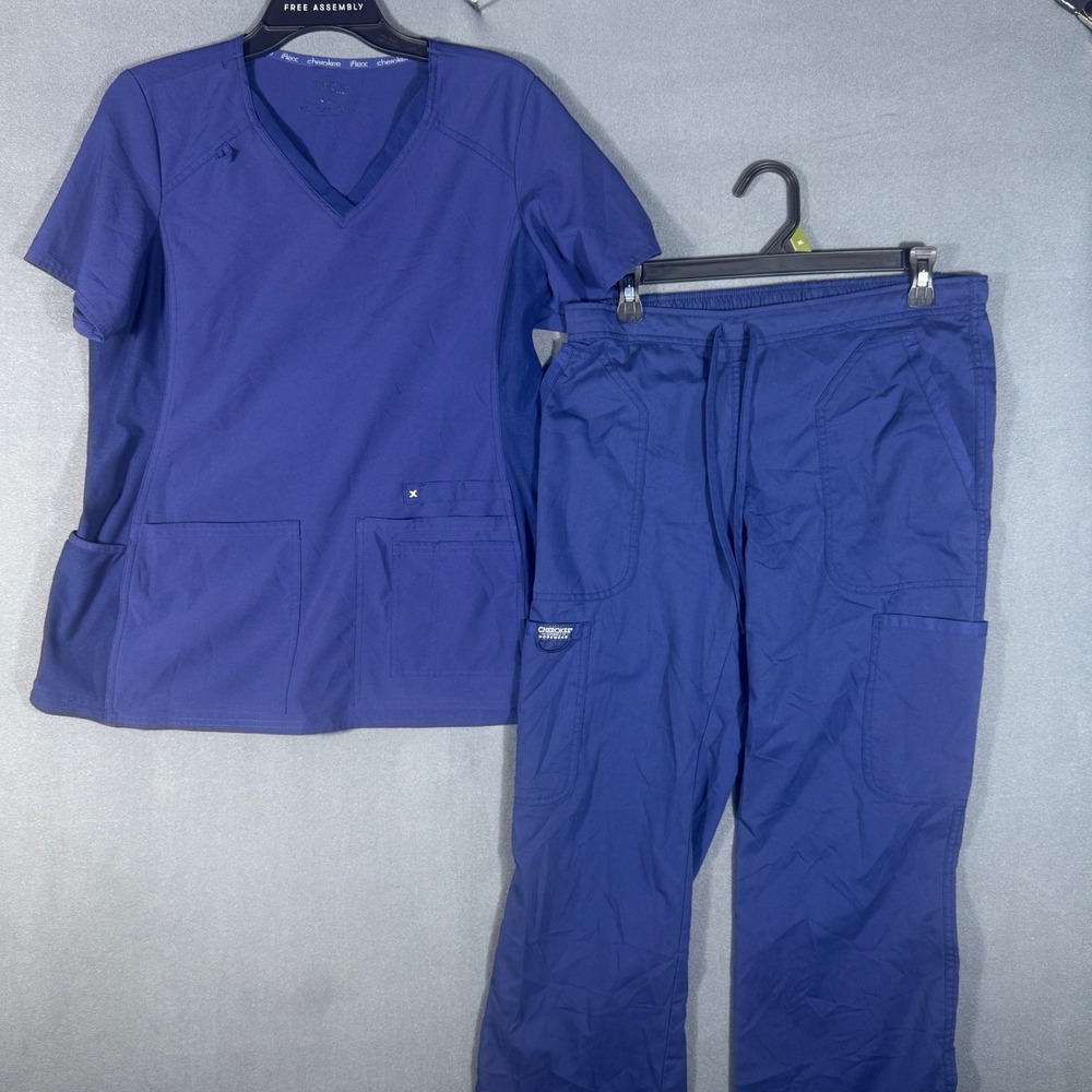 Cherokee Scrub Set Women M Navy iFlex CK605 V-Neck Top Cargo Pants Uniform